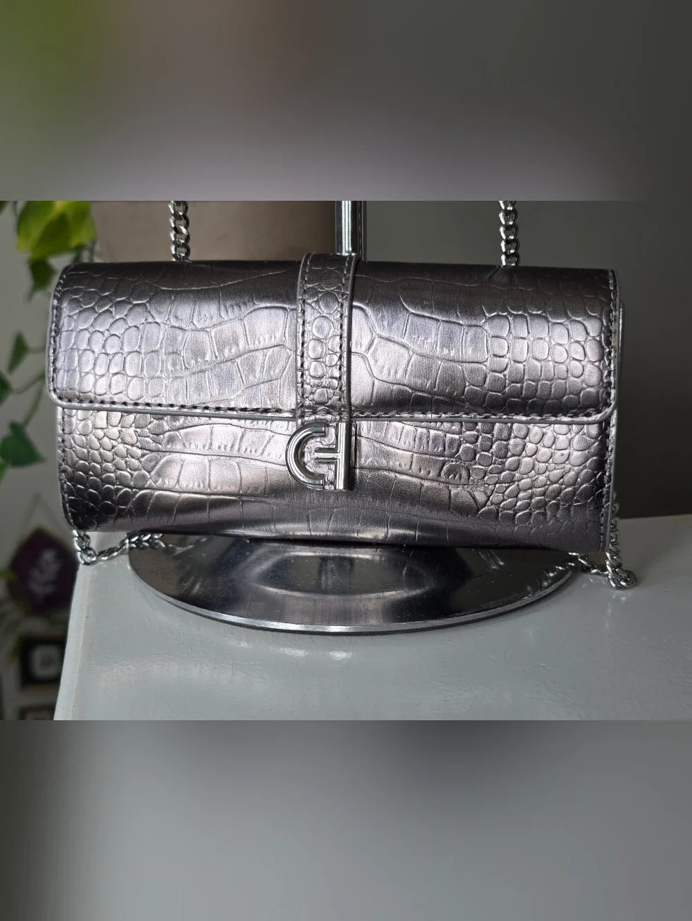 Cole Haan Metallic Silver Croc-Embossed Chain Crossbody Wallet